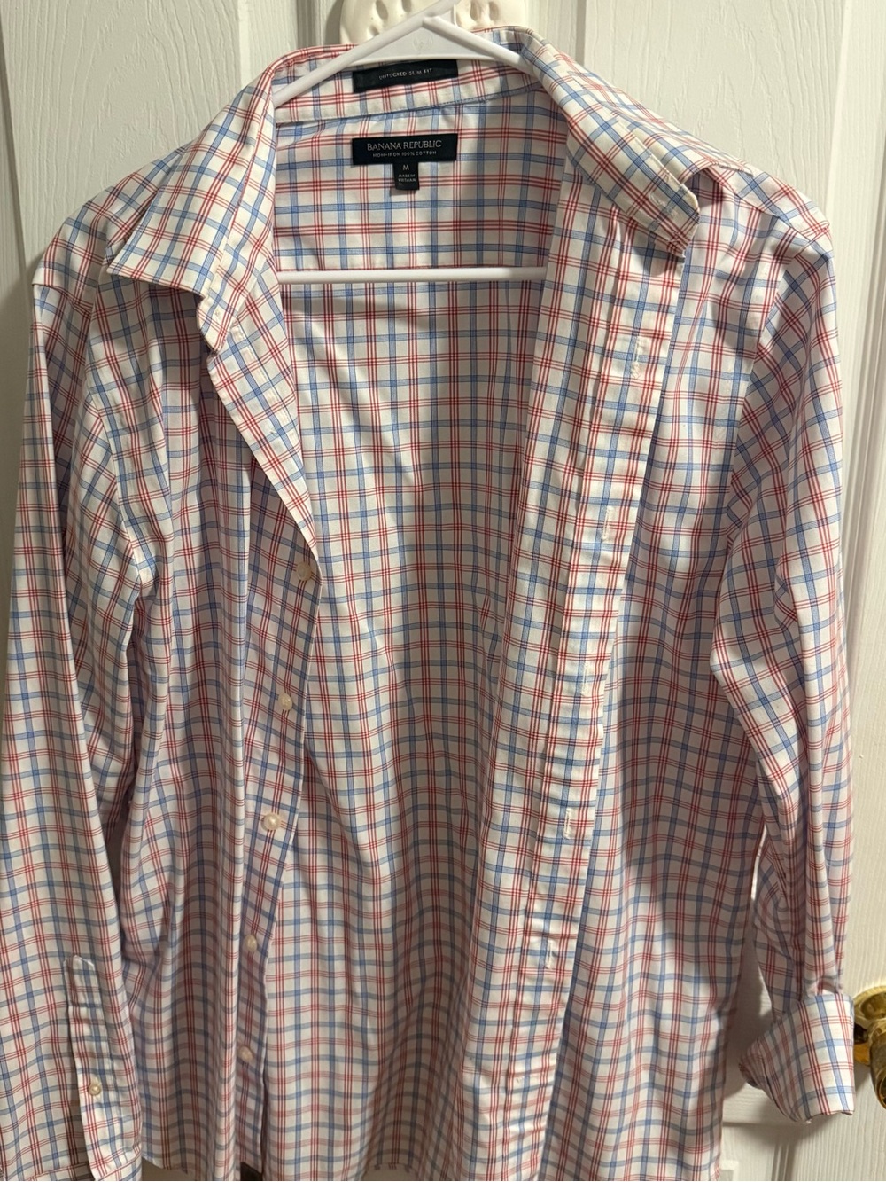 Banana Republic Men’s White Plaid Button-Down Shirt with Red & Blue Checks